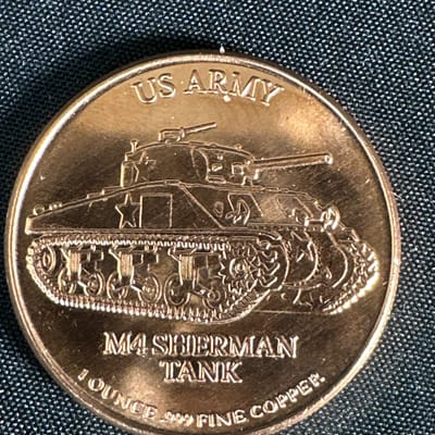 U.S. Army M4 Sherman Tank 1 oz .999 Copper Round - additional view
