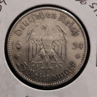 Silver 1934-J 5 Reichsmarks Potsdam Church VF-35