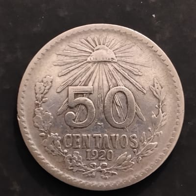 Silver 1920 Mexico 50 Centavos Cap&Rays XF