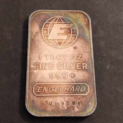 Vintage 1oz Engelhard Silver Bar Globe Logo Toned 