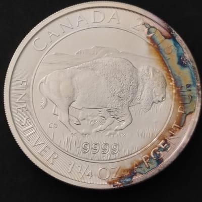 Silver 2015 $8 Canada 1.25 oz Bison Rainbow Toning