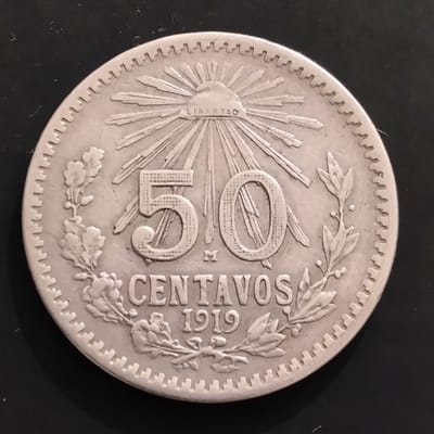 Silver Type 1 1919 Mexico 50 Centavos 