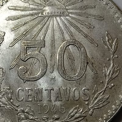 Silver 1945 Mexico 50 Centavos Cap & Rays GEM BU