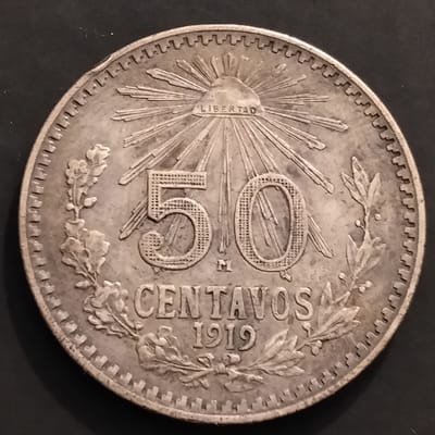 Silver Type 1 1919 Mexican 50 Centavos Detailed XF
