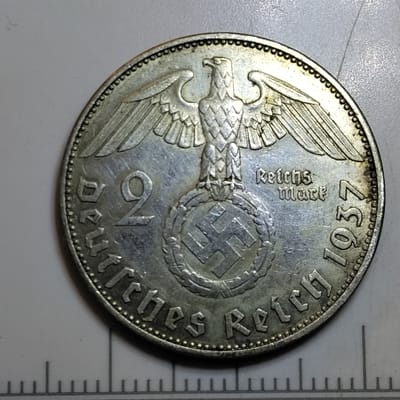 Silver 1937-E 2 Reichsmark Hindenburg VF/XF 