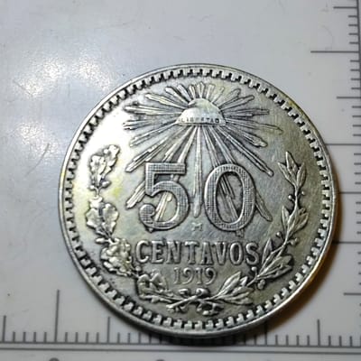 Silver Type 2 1919 Mexico 50 Centavos Cap&Rays AU