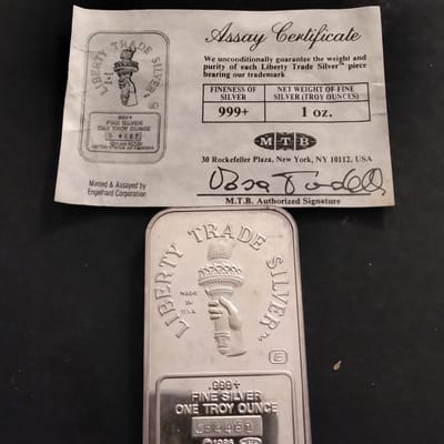 Vintage Engelhard MTB Liberty Trade Silver 1oz Bar
