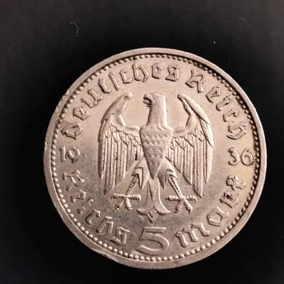 Rare type 1 silver 1936-E German 5Reichsmark VF-35