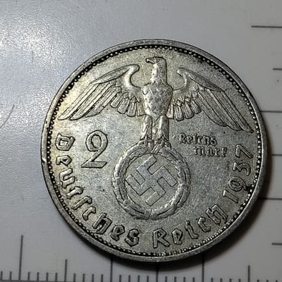 Silver 1937-F Germany 2 Reichsmark VF Condition
