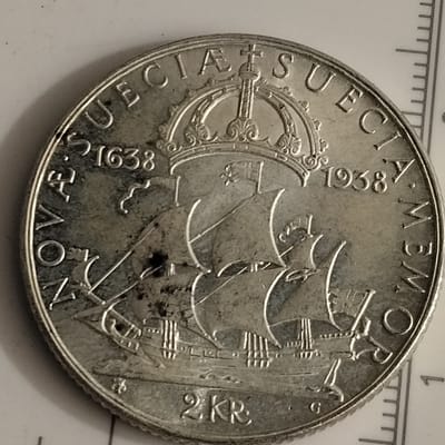 Silver 1938 Sweden 2 Kronor commemorative coin 