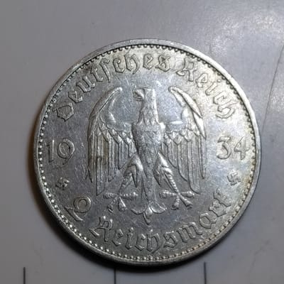 Silver 1934-A 2 Reichsmark Potsdam Garrison VF/XF 