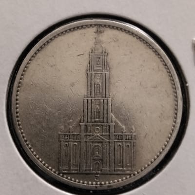 Silver 1934-J 5 Reichsmarks Potsdam Church VF-35 - additional view