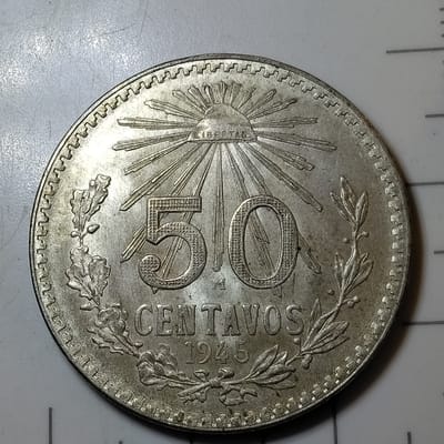 Silver 1945 Mexico 50 Centavos Cap & Rays GEM BU