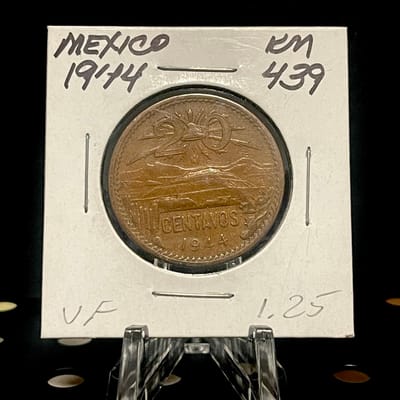 1944 Mexico 20 Centavos Copper Coin Volcano Design