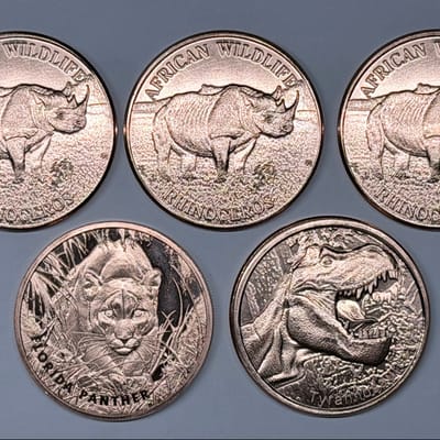 5X .999 Fine Copper 1 AVDP Ounce Novelty Rounds Lo