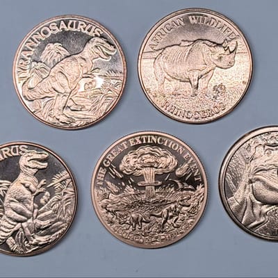 (Lot of 5) .999 Fine Copper 1 AVDP Ounce Rounds Di