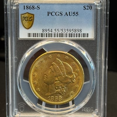 1868-S Liberty Head $20 Gold AU55 Undergraded! WOW