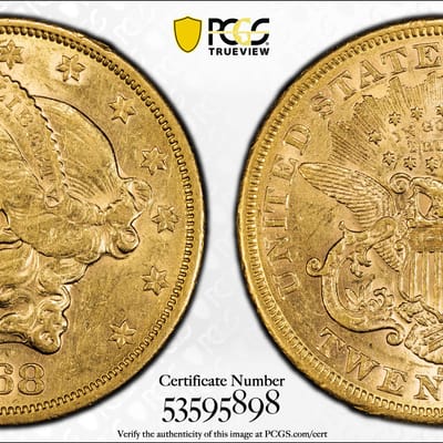 1868-S Liberty Head $20 Gold AU55 Undergraded! WOW - additional view