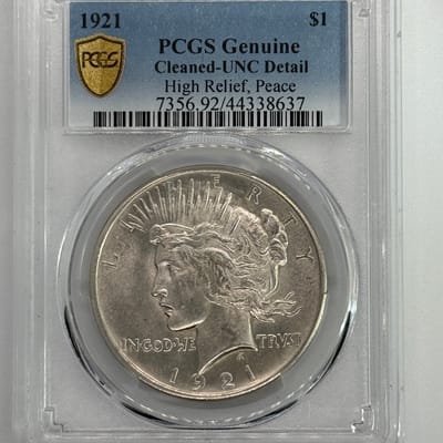 1921 P High Relief Peace Dollar UNC Detail Cleaned