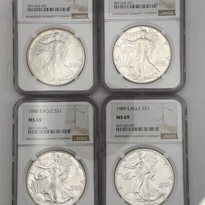 1986-1989 Silver Eagles 4 Coin Set MS69 NGC WOW!
