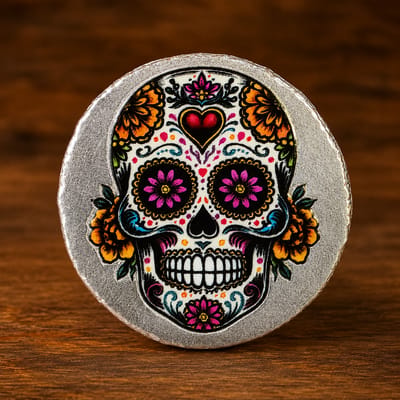 3D Colorized Sugar Skull 1 oz .999 Fine Silver