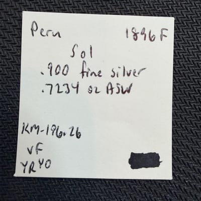 PERU - Un Sol - 1896 F. - Km-196.26 - Extra Fine Large Silver Coin - .7234 ASW! - additional view