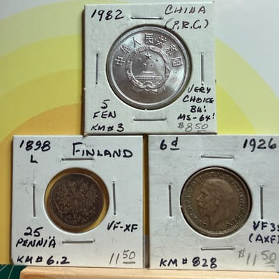 Lot of 3 international coins China, Finland, GB