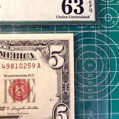 1963 $5 Red Seal Legal Tender Note AA Block PMG 63 - additional view