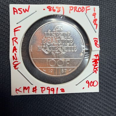1987 France Large Silver Piedfort Proof 100 Francs