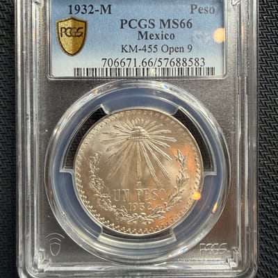 1932 UN PESO PCGS MS66 Open 9 .720 Fine ASW .3857