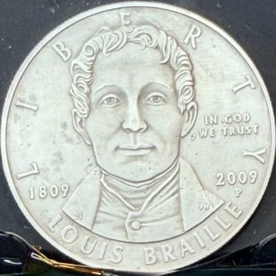 Antiqued 2009 P Louis Braille Uncirculated Silver Dollar .900 Fine Low MINTAGE