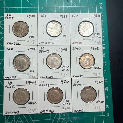 Lot Of Old Canada Silver Dimes 1930-1954 .800