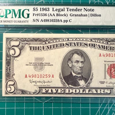1963 $5 Red Seal Legal Tender Note AA Block PMG 63