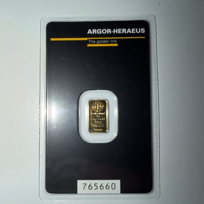 1 Gram Gold Argor Heraeus Bar 1 g .9999 Fine Gold  - additional view