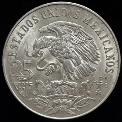 1968 Mexico 25 Pesos Olympic Game .720 Silver Coin