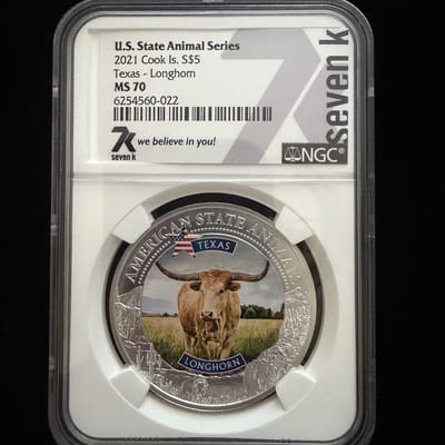 2021 Cook Islands Texas Longhorn 1 oz Silver MS70