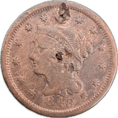 1848 Large Cent - Holed/Cleaned Damaged Cull Coin