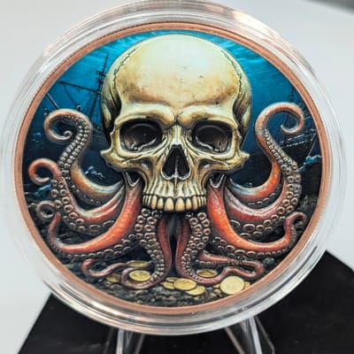 5 oz Copper Round Colorized Skull Treasure Ship