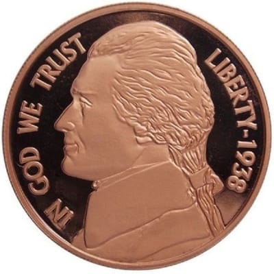 1 oz .999 Copper Round - Jefferson Nickel design