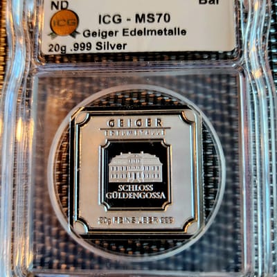 Geiger Edelmetalle 20g .999 Silver Bar – ICG MS70