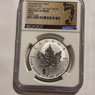 2016 $5 Maple Leaf BIGFOOT First Day of Issue PF69