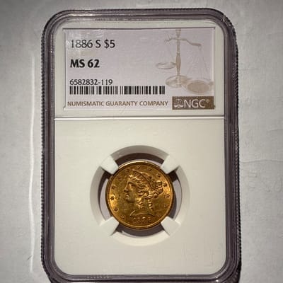 1886-S $5 NGC MS 62 Liberty Head Gold Half Eagle
