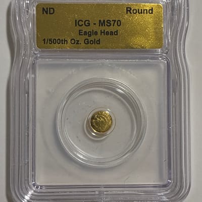 .999 Fine Gold Eagle Head Round 1/500 Oz ICG MS70