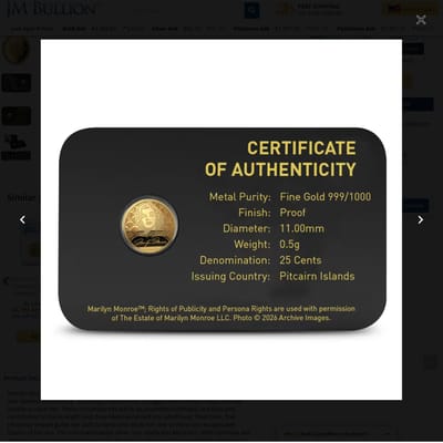 2026 1/2 Gram Pitcairn Islands Marilyn Monroe Gold - additional view