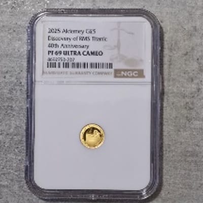 2025 Alderney G£5 Discovery RMS Titanic Gold PF69