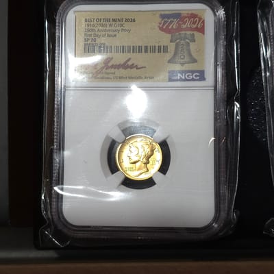 1916(2026) W 10C 24K Gold Mercury Dime with Libert