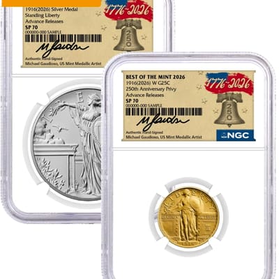 1916(2026) W 25C 24K Gold Standing Liberty Quarter
