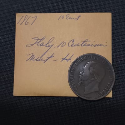 1867 Italy 10 Centi Bronze Coin Vittorio Emanuele  - additional view
