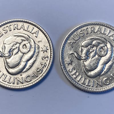 x2 Australia One Schilling Silver coins 1942, 1943