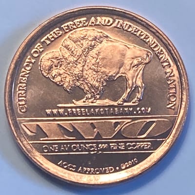 2010 One ounce .999 copper Free Lakota Bank round  - additional view